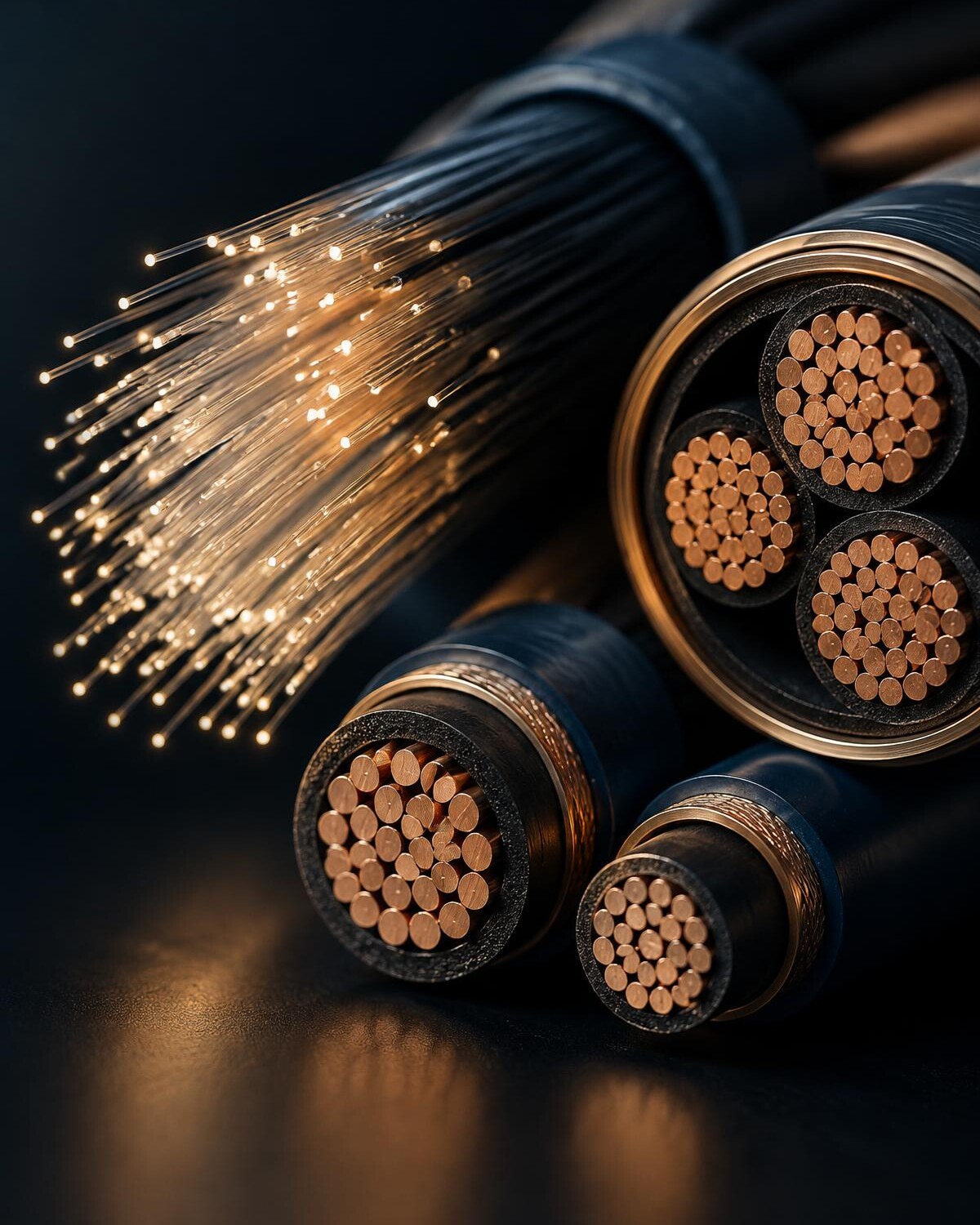 Fibre optic and copper power cables, close up