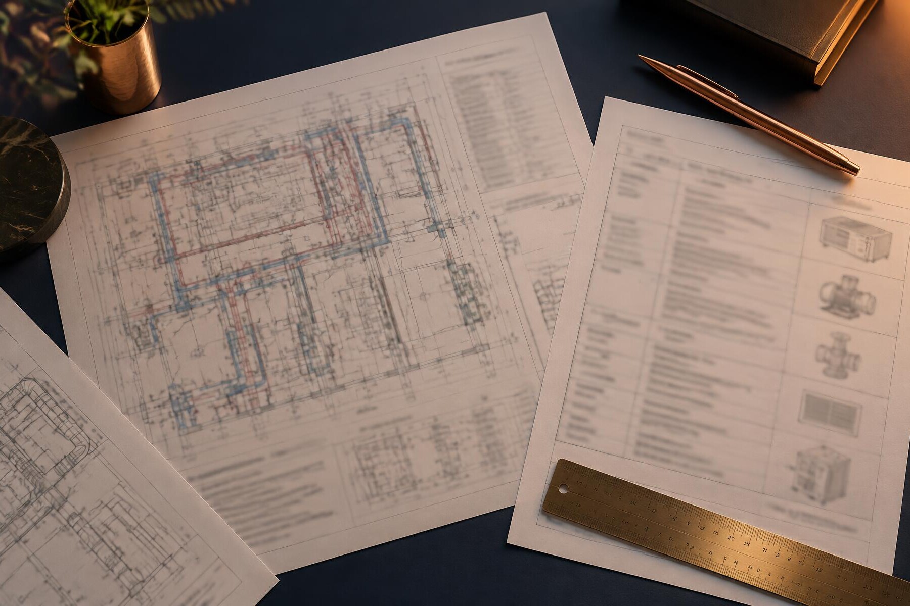 MEP drawings and specification sheets on a navy desk with a copper pen